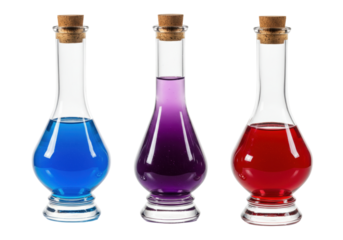 Isolated Glass Bottles with Stopper Containing Colorful Liquid for Chemistry Experiment