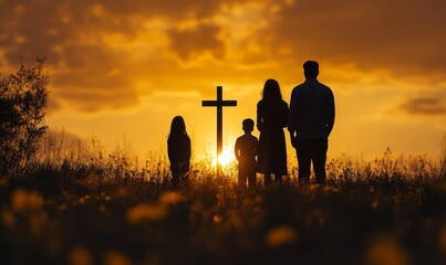 Silhouette of a family with a Christian cross, symbolizing prayer, religion, and community gatherings during a funeral or spiritual event. This respectful image conveys faith, unity, Generative AI