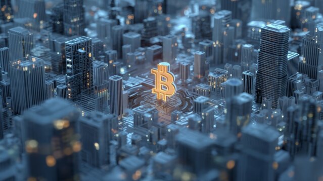 Golden Bitcoin symbol glowing amidst a futuristic cityscape with illuminated buildings