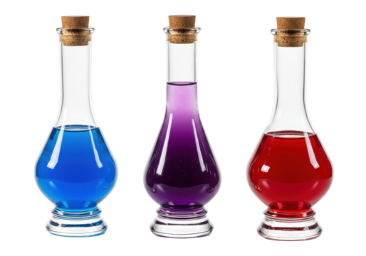 Isolated Glass Bottles with Stopper Containing Colorful Liquid for Chemistry Experiment