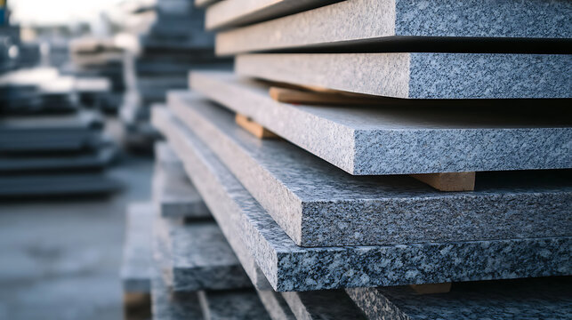 A stack of flat gray stone tiles arranged in an orderly fashion, the stone has a grainy texture, showcasing the material's natural character. Great for backgrounds or architectural projects.