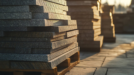 Stacks of dark gray stone slabs sit on wooden pallets, basking in the warm sunlight at a construction site. The texture of the stone and the light create a serene scene.