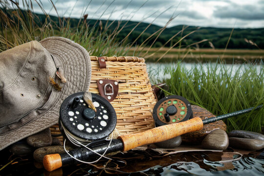 Fly fishing gear set beside a tranquil lake with grassy reeds