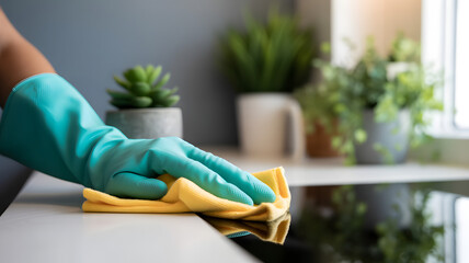 Sparkling Surfaces: A gloved hand diligently wipes a clean surface, reflecting a dedication to cleanliness and hygiene, with carefully placed plants in the background.