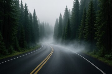a road toward mountains between deep green forest in heavy fog