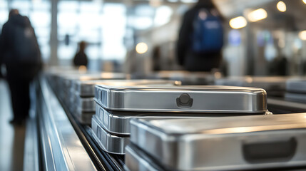 Metal containers move along a conveyor, their sleek surfaces reflecting the light. Passengers pass in the background, creating a dynamic atmosphere of transit and security.