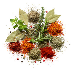 Vibrant assortment of aromatic herbs and spices including bay leaves, rosemary, thyme, chili flakes, paprika, and saffron threads for gourmet cooking inspiration.