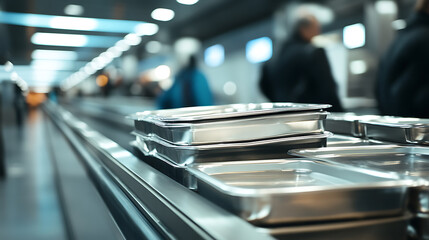 Elevated food presentation in a sleek setting. Trays neatly stacked convey a sense of order and efficiency. Background suggests a modern dining experience with a hint of motion.