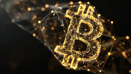 Glowing abstract golden Bitcoin symbol connected by a digital network on a dark background
