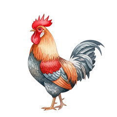 Fototapeta premium Vibrant illustration of a proud rooster with detailed feathers. Symbol of morning, confidence, farm life, and rural tradition.
