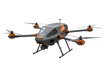 Isolated futuristic gray and orange drone used for aerial photography and videography