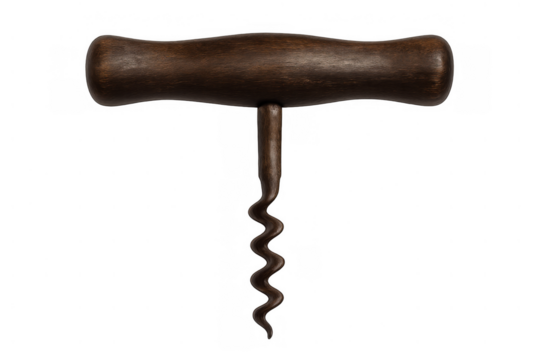 Vintage wooden corkscrew tool for opening wine bottles with a spiral worm, isolated on transparent background