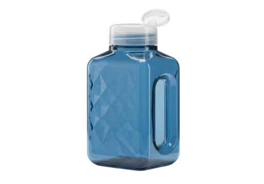 Isolated blue plastic bottle with handle and transparent cap close-up studio shot