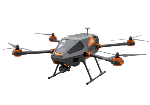 Isolated futuristic gray and orange drone used for aerial photography and videography
