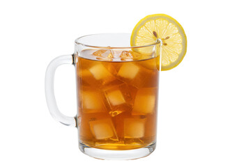 Isolated glass mug of refreshing ice tea with lemon slice, delicious summer cool drink