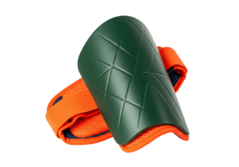 Isolated shin guard with strap on display, protection gear for soccer, other team sports