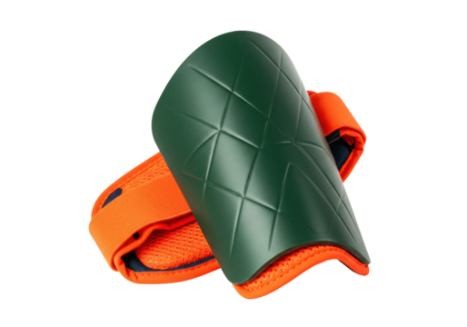 Isolated shin guard with strap on display, protection gear for soccer, other team sports