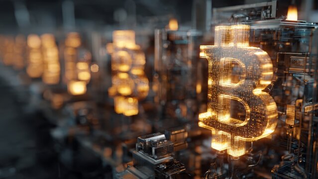 Glowing digital Bitcoin symbol with intricate circuitry and blurred background
