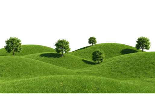 Isolated tranquil green meadow hills landscape with trees, peaceful idyllic setting, lawn