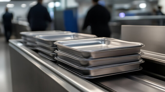 Stacks of stainless steel trays, a common sight in busy commercial kitchens and food service operations, ensure organized meal prep. Focus on hygiene and efficiency.