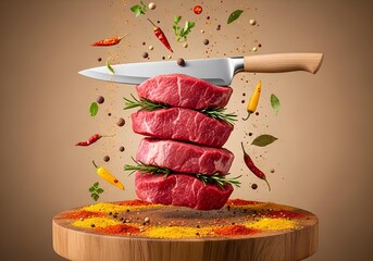 high-resolution, commercial studio photograph featuring a vertical stack of four thick, raw beef steaks forming a tower suspended in a zero-gravity effect