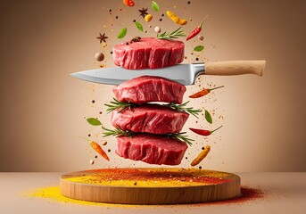 high-resolution, commercial studio photograph featuring a vertical stack of four thick, raw beef steaks forming a tower suspended in a zero-gravity effect 