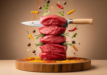 High-resolution, commercial studio photograph featuring a vertical stack of four thick, raw beef steaks forming a tower suspended in a zero-gravity effect