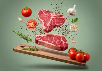 A dynamic, high-resolution, commercial food photography studio shot featuring raw steak cuts and fresh seasoning ingredients levitating against a solid