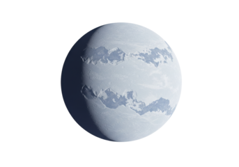 Isolated Frost Planet with Mountain Ranges and Shadow Side on a Plain Background