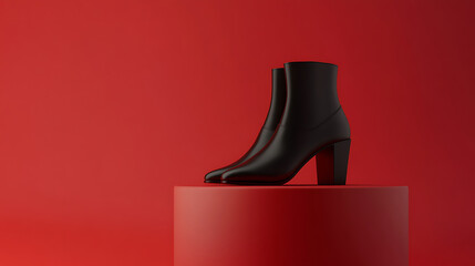 Sleek black ankle boots on a red platform, minimal background, focus on elegant footwear. Perfect for fashion blogs and style guides!  A statement in every step.