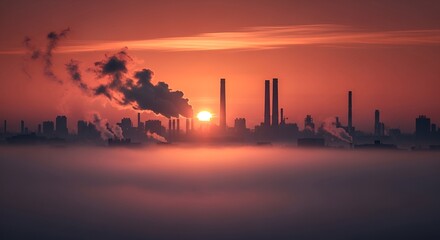 Industrial City Silhouette at Sunset, Heavy Fog and Pollution Plumes