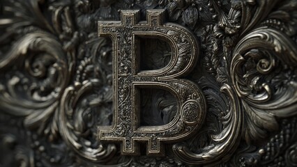 Ornate metal Bitcoin symbol intricately carved on a dark decorative background