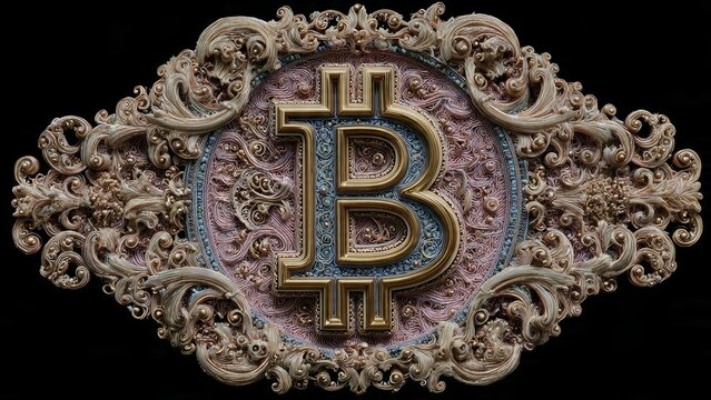 Ornate golden Bitcoin symbol intricately carved within a baroque style frame