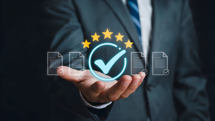 Businessperson showing a glowing checkmark icon surrounded by five golden stars and document symbols.