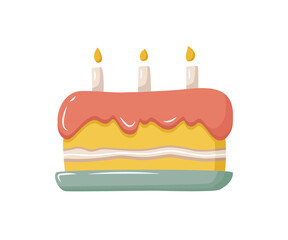Cartoon birthday cake with burning candles. Sweet pastry, dessert for birthday party, celebration. 
Design element for congratulations, greeting cards. Flat vector illustration.