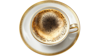 Elegant white coffee cup with gold trim and foam