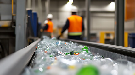 Plastic bottles move along a recycling plant conveyor belt, ready to be processed. Workers monitor the sorting process in the background, ensuring efficiency and quality.