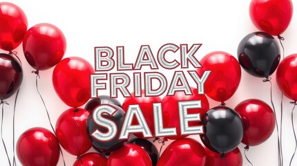 Word Black Friday and red, black balloons on white background