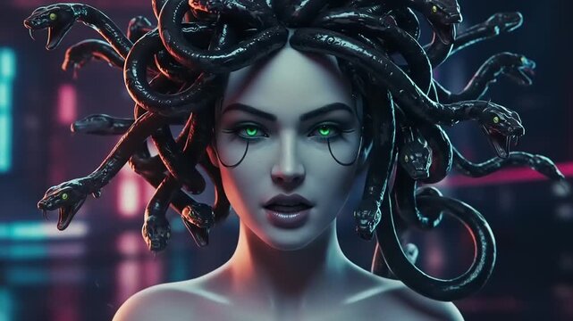 Captivating Medusa with Serpent Hair and Intense Gaze against Neon Cyberpunk Backdrop