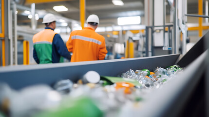 Two workers in a recycling plant. Plastic bottles, glass, and other materials are on the conveyor belt. The workers are wearing helmets and work suits.