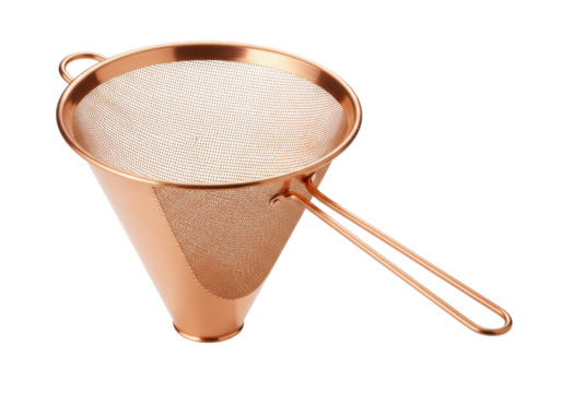 Isolated fine mesh strainer for straining liquids or food, copper-toned metal cooking tool