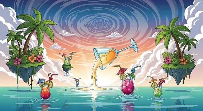 Tropical Island Cocktails Floating in a Surreal Ocean Sunset.