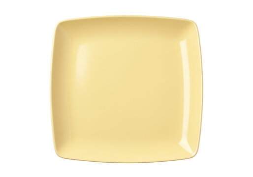 Isolated yellow square plate on table, modern tableware, stylish catering, kitchenware