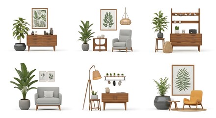 Fototapeta premium Interior design scenes featuring furniture and decorative plants