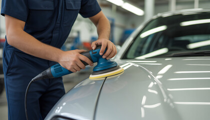 Car Polishing: An experienced technician expertly buffs the hood of a sleek, silver vehicle. His meticulous attention to detail promises a gleaming finish. 