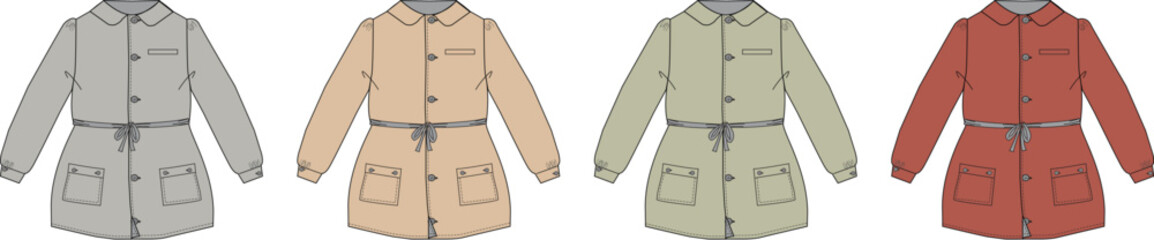 Technical flat fashion sketch template of a women's hooded parka jacket with a belt, shown in four different colorways. Vector illustration for apparel design and clothing manufacturing © Mizan