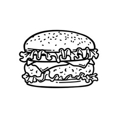 burger hand drawn, cheeseburger outline, fast food logo, sandwich graphic, snack meal vector, restaurant symbol, junk food design, tasty burger illustration
