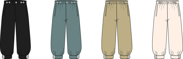 Four different styles of casual trousers displayed in various colors, presented for fashion design and apparel creation