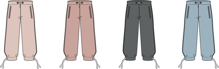 Four pairs of different colored track pants displayed side by side, showcasing their unique designs and features