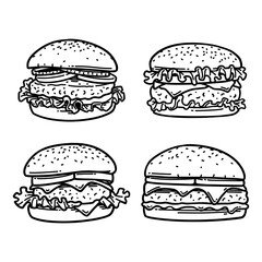 Burger hand drawn collection, cheeseburger outline, fast food logo, sandwich graphic, snack meal vector, restaurant symbol, junk food design, tasty burger illustration